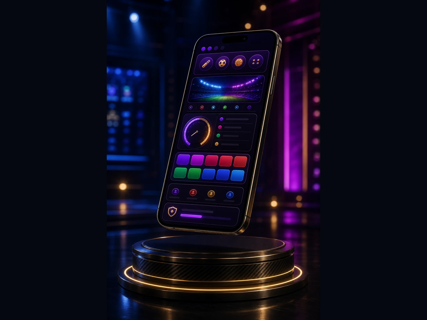 Floating premium app interface with alert panels colour tiles and timer halo