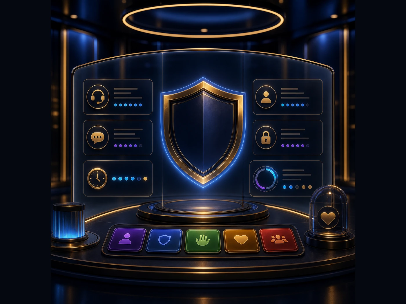 Premium responsible gaming support console with luminous shield interface