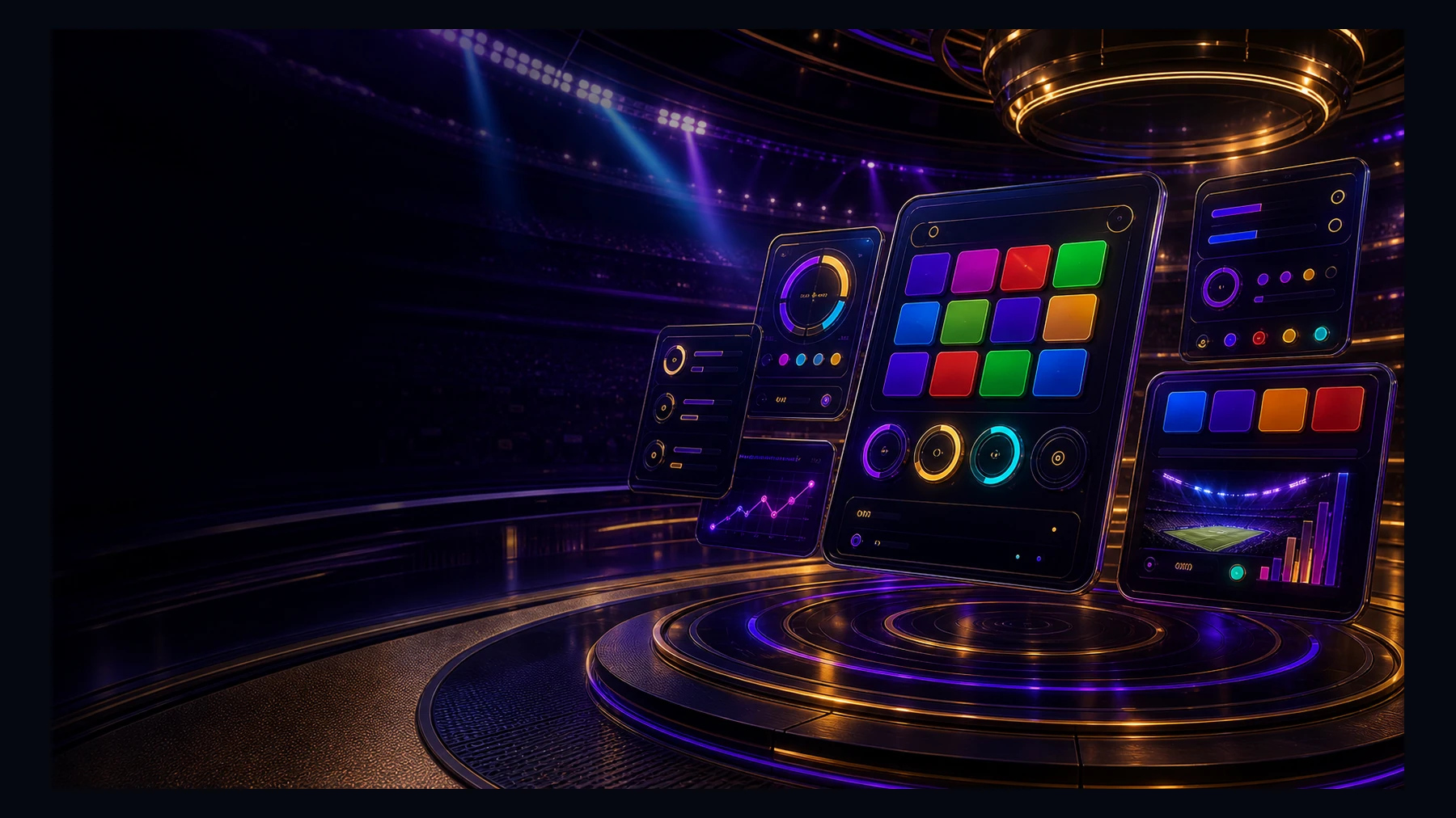 Cinematic betting platform stage with floating game UI panels and timer lights