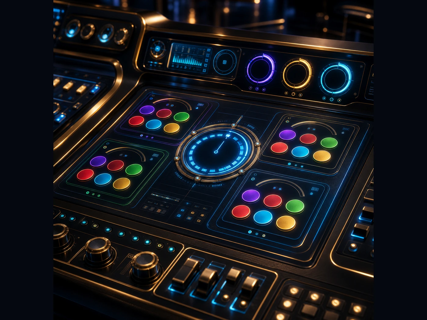 High-end digital game control console with timer rings and colour panels